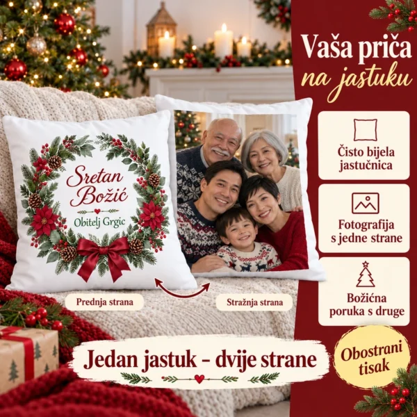 Prikaz značajki bijelog božićnog jastuka s fotografijom na jednoj i božićnom porukom na drugoj strani.