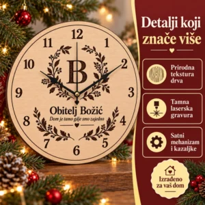 Personalizirani drveni sat s prezimenom - božićni poklon za obitelj - Unikatni pokloni Detalji drvenog obiteljskog sata: tekstura drveta, tamna gravura i crne kazaljke.