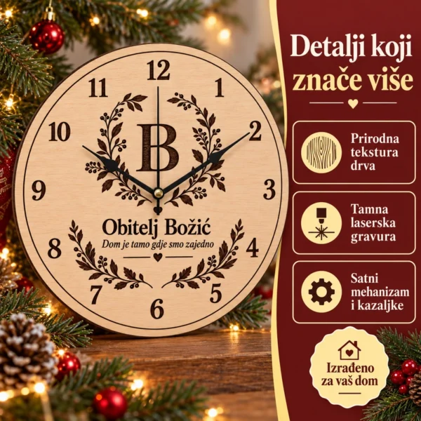 Personalizirani drveni sat s prezimenom - božićni poklon za obitelj - Unikatni pokloni Detalji drvenog obiteljskog sata: tekstura drveta, tamna gravura i crne kazaljke.