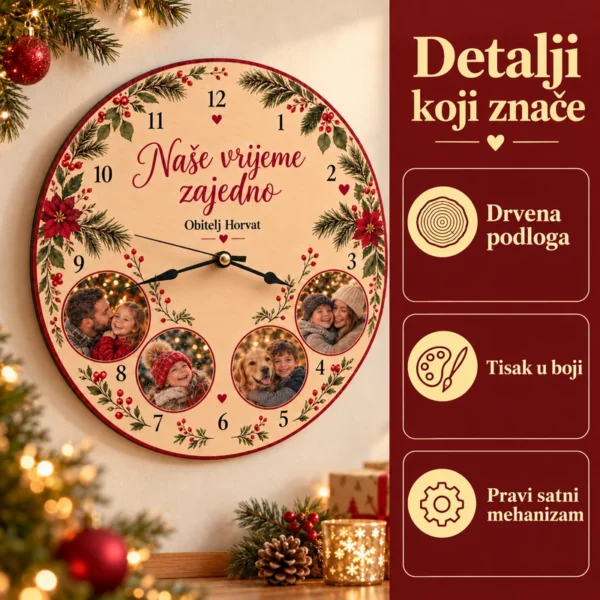Personalizirani drveni sat s fotografijama - Naše vrijeme zajedno - Unikatni pokloni Značajke personaliziranog sata: drvena podloga, tisak u boji i satni mehanizam.