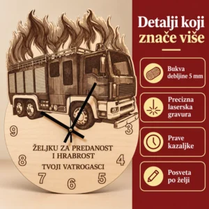 Detalji vatrogasnog sata: bukva debljine 5 mm, precizna laserska gravura, prave kazaljke i posveta po želji