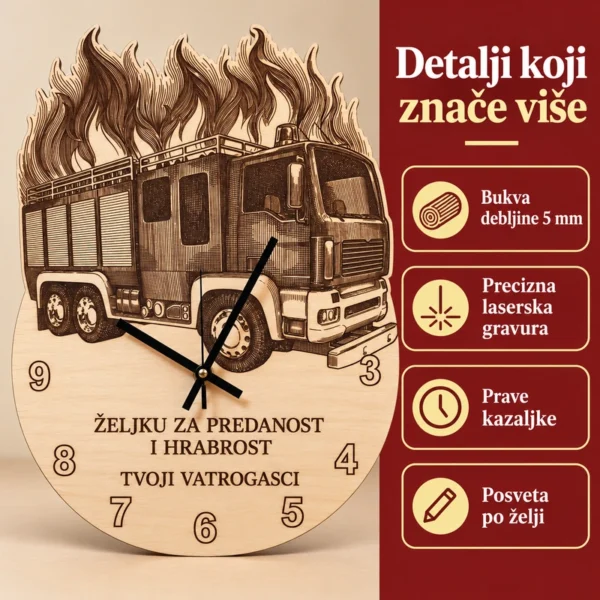 Detalji vatrogasnog sata: bukva debljine 5 mm, precizna laserska gravura, prave kazaljke i posveta po želji