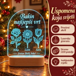 Značajke lampe Bakin vrt: prozirni akril, laserska gravura, drveno LED postolje i ambijentalno svjetlo.