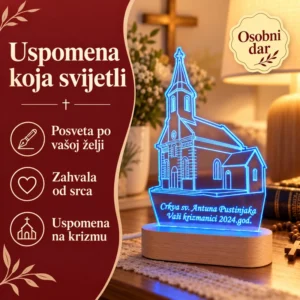 Moja crkva na lampi - personalizirana LED lampa - Unikatni pokloni Personalizirana LED lampa izrađena prema fotografiji mjesne ili seoske crkve