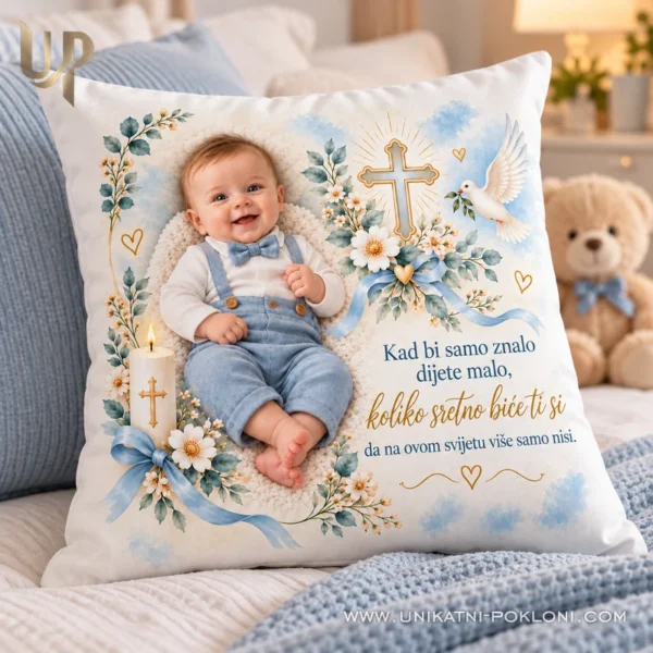Poklon za krštenje - personalizirani jastuk sa slikom - Unikatni pokloni Personalizirani poklon za krštenje dječaka