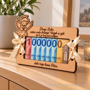 Poklon za krštenje - personalizirana drvena čestitka za novac - Unikatni pokloni Personalizirani poklon za krštenje - drvena čestitka za novac