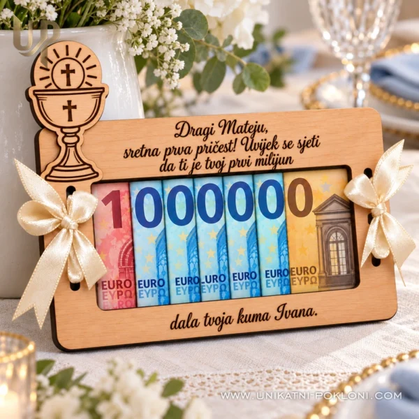 Poklon za prvu pričest - drvena čestitka za novac - Unikatni pokloni Personalizirani poklon za prvu pričest - drvena čestitka za novac