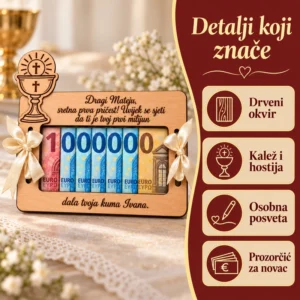 Poklon za prvu pričest - drvena čestitka za novac - Unikatni pokloni Poklon za prvu svetu pričest - drvena čestitka za novac