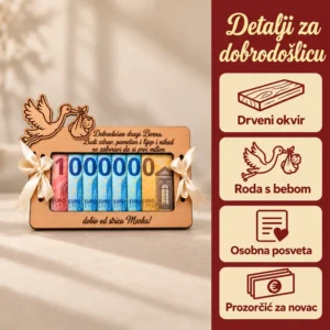 Poklon za rođenje bebe - drvena čestitka za novac