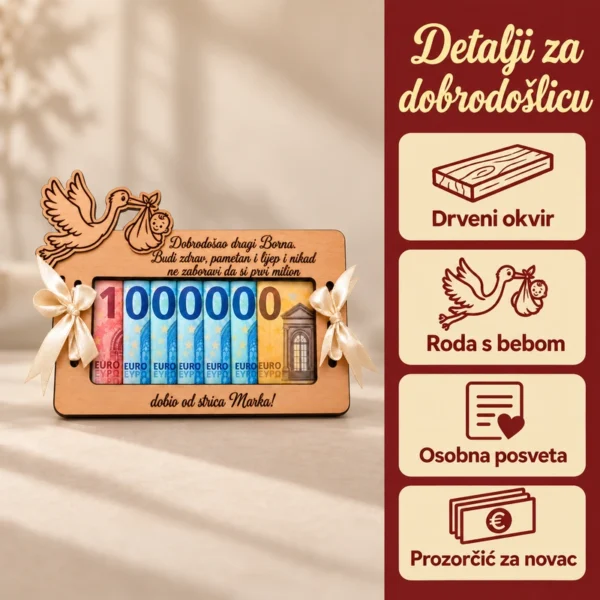 Poklon za rođenje bebe - drvena čestitka za novac