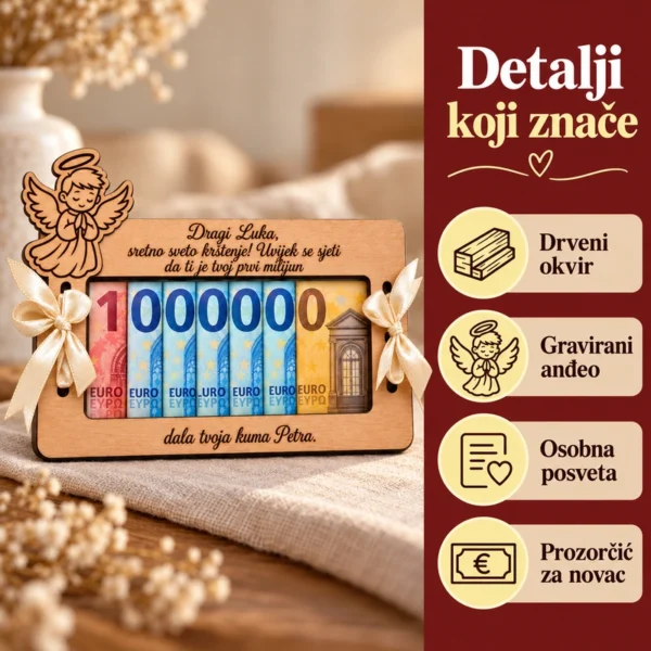 Poklon za krštenje - personalizirana drvena čestitka za novac - Unikatni pokloni Pokloni za krštenja - drvena čestitka za novac