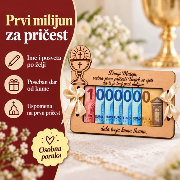 Poklon za prvu pričest - drvena čestitka za novac - Unikatni pokloni Pokloni za prvu pričest - drvena čestitka za novac
