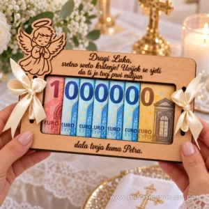 Poklon za krštenje - personalizirana drvena čestitka za novac - Unikatni pokloni Unikatni poklon za krštenje - drvena čestitka za novac
