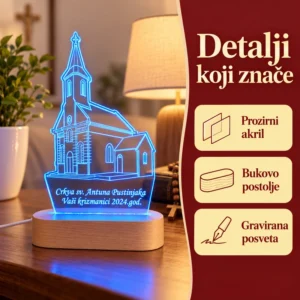 Moja crkva na lampi - personalizirana LED lampa - Unikatni pokloni Vjerski poklon za vjernika i župljane - LED lampa s prikazom crkve