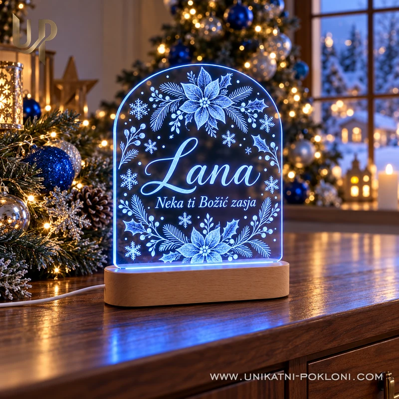 Božićna LED lampa s imenom i posvetom - Unikatni pokloni Personalizirana božićna lampa Lana s plavim svjetlom uz božićno drvce