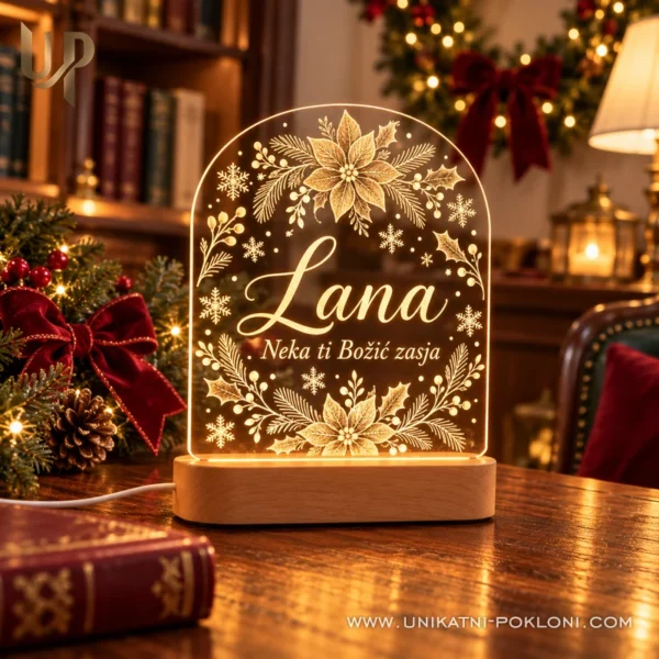 bozicna-led-lampa-lana-10-zuta-bozicna-radna-soba Božićna LED lampa s imenom Lana i žutim svjetlom na drvenom stolu