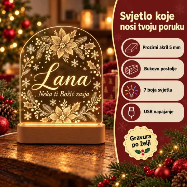 Božićna LED lampa s imenom i posvetom - Unikatni pokloni Značajke LED lampe: prozirni akril 5 mm, bukovo postolje, 7 boja i USB napajanje