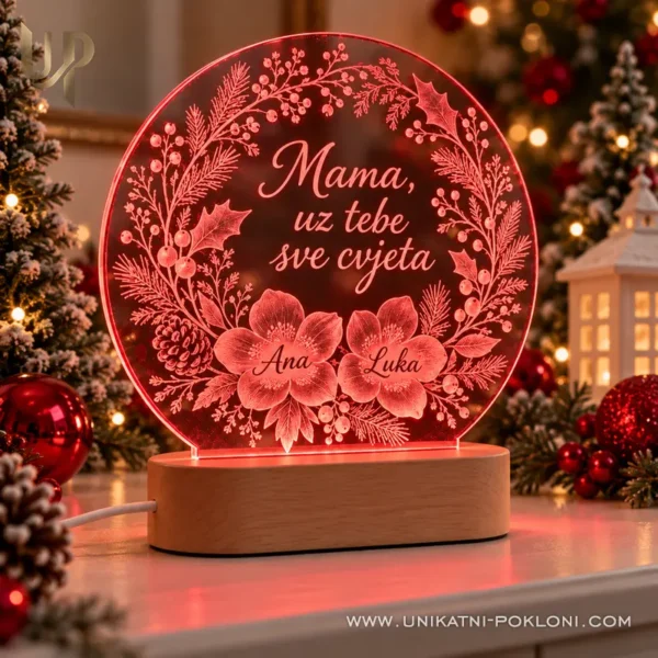 Božićna LED lampa za mamu - cvjetovi s imenima i posvetom - Unikatni pokloni Crveno osvijetljena cvjetna LED lampa s porukom Mama, uz tebe sve cvjeta i imenima Ana i Luka.