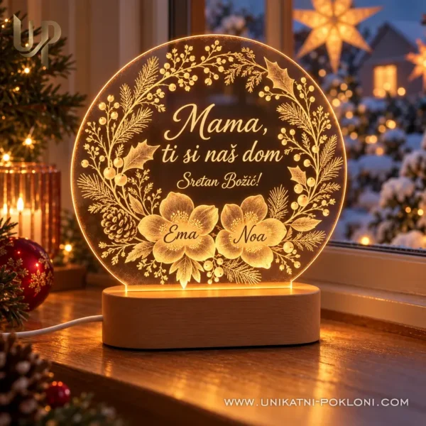 Žuto osvijetljena LED lampa za mamu s porukom Ti si naš dom i imenima Ema i Noa u božićnom ambijentu Žuto osvijetljena LED lampa za mamu s porukom Ti si naš dom i imenima Ema i Noa u božićnom ambijentu.
