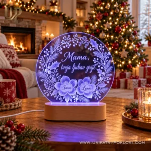 Božićna LED lampa za mamu - cvjetovi s imenima i posvetom - Unikatni pokloni Ljubičasta LED lampa s graviranom porukom Mama, tvoja ljubav grije i cvjetnim imenima.