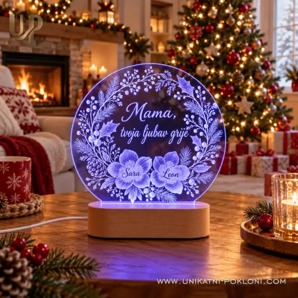 Božićna LED lampa za mamu - cvjetovi s imenima i posvetom - Unikatni pokloni Ljubičasta LED lampa s graviranom porukom Mama, tvoja ljubav grije i cvjetnim imenima.