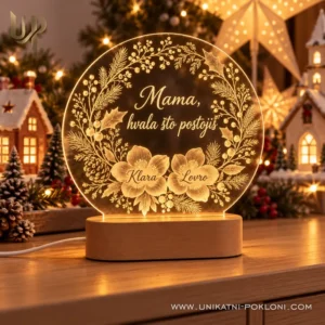 Božićna LED lampa za mamu - cvjetovi s imenima i posvetom - Unikatni pokloni Žuto osvijetljena akrilna lampa s porukom Mama, hvala što postojiš i imenima Klara i Lovro.
