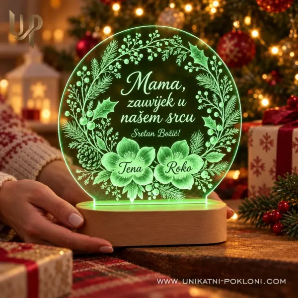 Božićna LED lampa za mamu - cvjetovi s imenima i posvetom - Unikatni pokloni Zelena lampa s cvjetnim motivom i porukom Mama, zauvijek u našem srcu uz božićne darove.