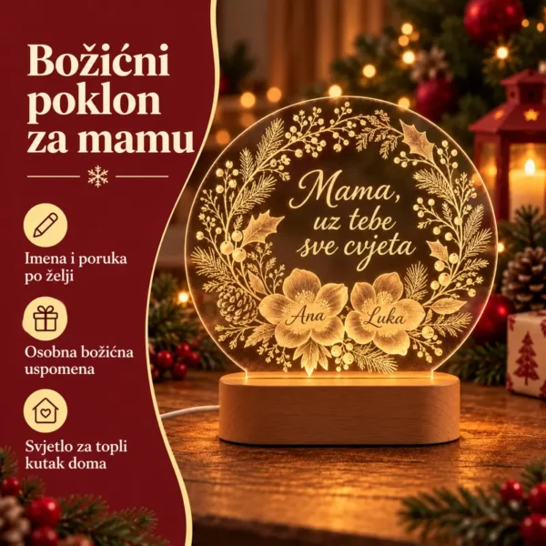 Božićna LED lampa za mamu - cvjetovi s imenima i posvetom - Unikatni pokloni Prednosti božićnog poklona za mamu: imena i poruka po želji te osobna svjetleća uspomena.