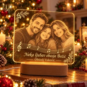 Toplo osvijetljena LED lampa obitelji Vuković s fotografijom i porukom Neka ljubav obasja Božić
