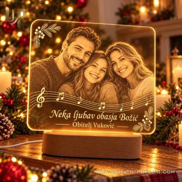 Toplo osvijetljena LED lampa obitelji Vuković s fotografijom i porukom Neka ljubav obasja Božić