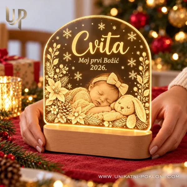 LED lampa Moj prvi Božić - personalizirani poklon za bebu - Unikatni pokloni Žuto osvijetljena božićna lampa s imenom Cvita u rukama
