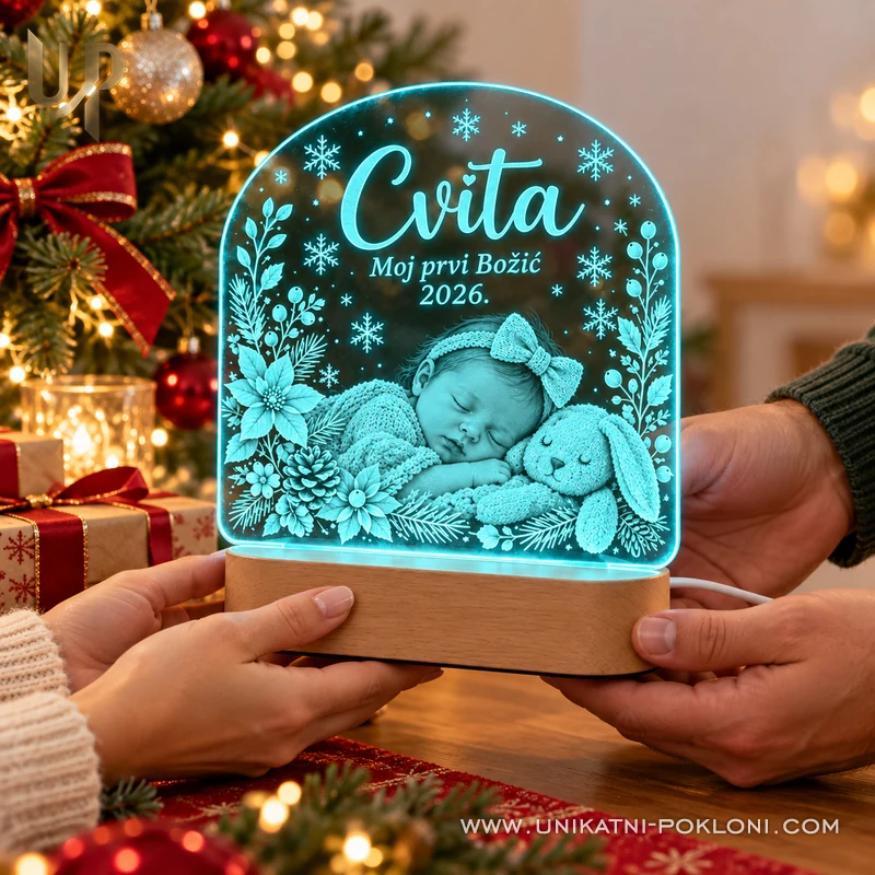 LED lampa Moj prvi Božić - personalizirani poklon za bebu - Unikatni pokloni Predaja personalizirane lampe za prvi Božić s cijan svjetlom