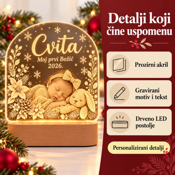 LED lampa Moj prvi Božić - personalizirani poklon za bebu - Unikatni pokloni Materijali lampe Moj prvi Božić - prozirni akril, gravura i drveno LED postolje