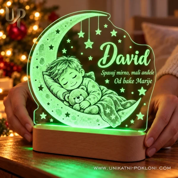 LED lampa dijete na mjesecu - ime i posveta - Unikatni pokloni Zelena personalizirana lampa David s dječakom na mjesecu i posvetom bake Marije.
