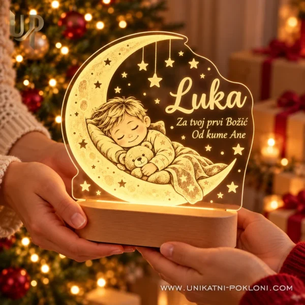 LED lampa dijete na mjesecu - ime i posveta - Unikatni pokloni LED lampa Luka sa žutim svjetlom, dječakom na mjesecu i posvetom za prvi Božić.