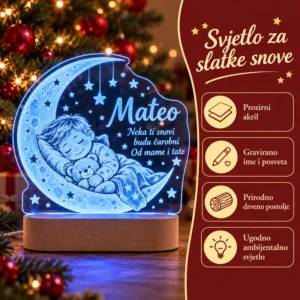 LED lampa dijete na mjesecu - ime i posveta - Unikatni pokloni Značajke lampe Mateo: prozirni akril, gravirano ime i posveta, drveno postolje i ambijentalno svjetlo.