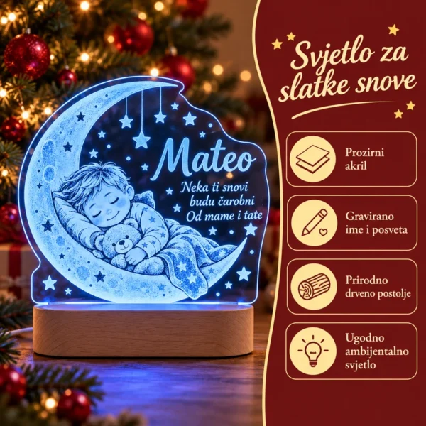 LED lampa dijete na mjesecu - ime i posveta - Unikatni pokloni Značajke lampe Mateo: prozirni akril, gravirano ime i posveta, drveno postolje i ambijentalno svjetlo.