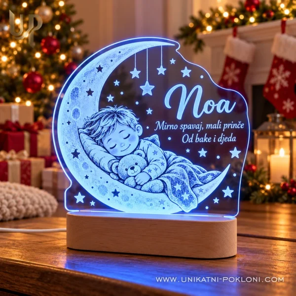 LED lampa dijete na mjesecu - ime i posveta - Unikatni pokloni Plava LED lampa Noa s uspavanim dječakom na mjesecu i posvetom bake i djeda.