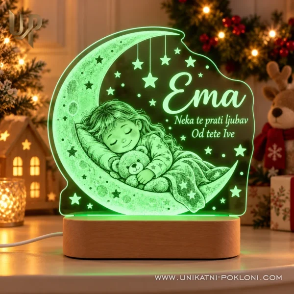 LED lampa dijete na mjesecu - ime i posveta - Unikatni pokloni Zelena noćna lampa Ema s djevojčicom na mjesecu i božićnom posvetom od tete Ive.