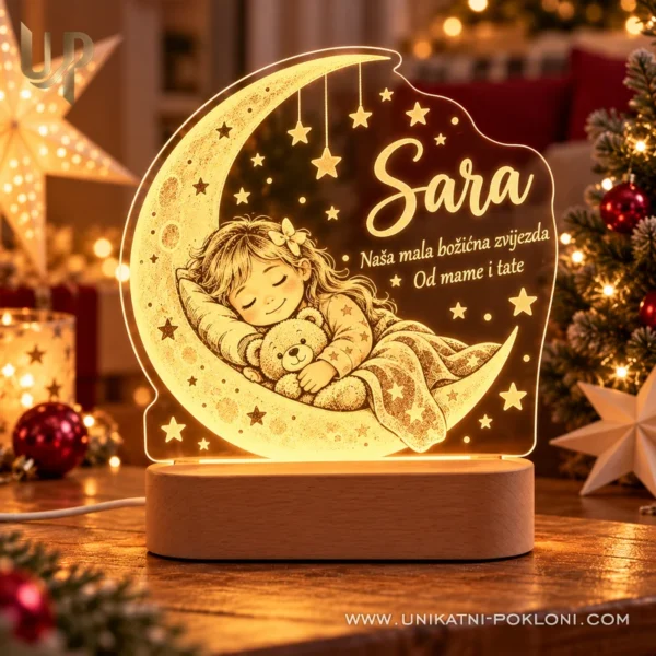 LED lampa dijete na mjesecu - ime i posveta - Unikatni pokloni Žuta LED lampa Sara s djevojčicom na mjesecu i božićnom posvetom mame i tate.