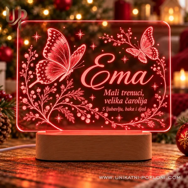 Personalizirana LED lampa s leptirima - ime i posveta - Unikatni pokloni Crveno osvijetljena LED lampa s leptirima, imenom Ema i posvetom bake i djeda.