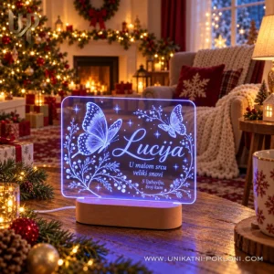 Personalizirana LED lampa s leptirima - ime i posveta - Unikatni pokloni Plava LED lampa s leptirima, imenom Lucija i posvetom kuma u božićnom dnevnom boravku.