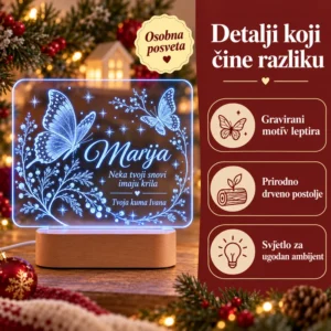 Personalizirana LED lampa s leptirima - ime i posveta - Unikatni pokloni Značajke lampe s leptirima: gravirani motiv, prirodno drveno postolje i ambijentalno svjetlo.