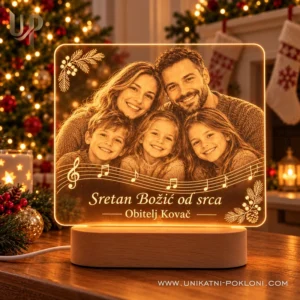 Žuta personalizirana LED lampa obitelji Kovač s fotografijom i čestitkom Sretan Božić od srca
